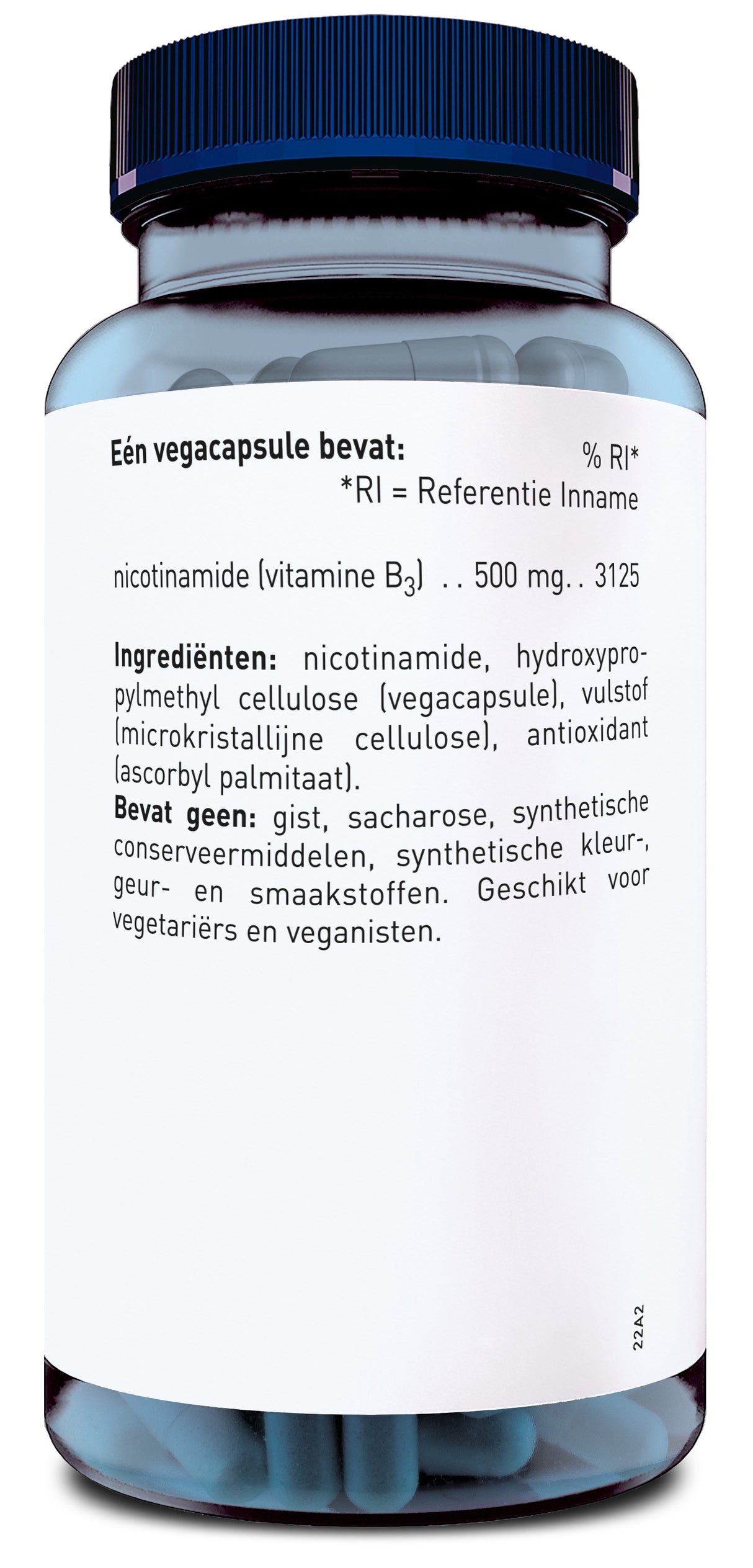 Das Bild zeigt eine Flasche mit blauen Kapseln. Das Etikett ist in niederländischer Sprache und beschreibt die Inhaltsstoffe der Kapseln. Es enthält Informationen über den Gehalt an Nicotinamid (Vitamin B3) und die Tatsache, dass die Kapseln für Vegetarier und Veganer geeignet sind.