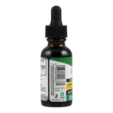 Das Bild zeigt eine braune Glasflasche mit Pipette, die ein Nahrungsergänzungsmittel enthält. Das Etikett ist grün und weiß und zeigt Informationen wie einen Barcode und Nährwertangaben. Das Produkt ist glutenfrei und alkoholfrei.