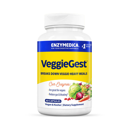 Das Bild zeigt eine weiße Flasche mit einem gelben Etikett. Auf dem Etikett steht 'VeggieGest', ein Produkt von Enzymedica. Darunter steht 'Breaks down veggie-heavy meals'. Auf der unteren Hälfte des Etiketts sind verschiedene Gemüsesorten abgebildet. Die Flasche enthält 60 Kapseln und ist als vegan und koscher gekennzeichnet.