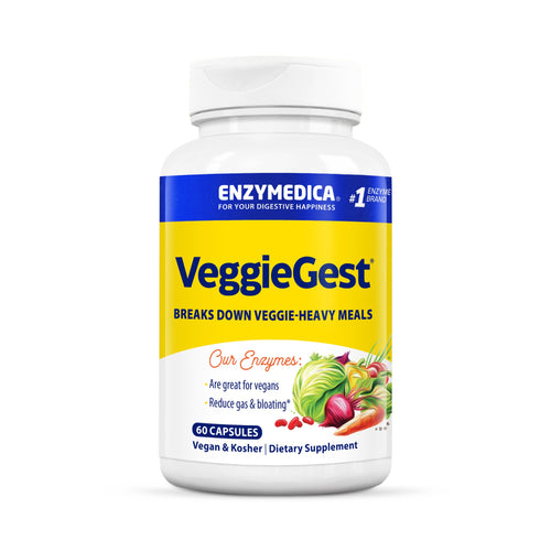 Das Bild zeigt eine weiße Flasche mit einem gelben Etikett. Auf dem Etikett steht 'VeggieGest', ein Produkt von Enzymedica. Darunter steht 'Breaks down veggie-heavy meals'. Auf der unteren Hälfte des Etiketts sind verschiedene Gemüsesorten abgebildet. Die Flasche enthält 60 Kapseln und ist als vegan und koscher gekennzeichnet.