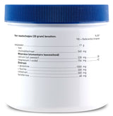 Ein weißer Kunststoffbehälter mit blauem Schraubdeckel. Auf der Vorderseite befindet sich eine Nährwerttabelle in niederländischer Sprache, die die Inhaltsstoffe und deren Mengen auflistet. Der Behälter steht aufrecht und ist teilweise im Profil sichtbar.