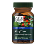 Das Bild zeigt eine braune Flasche mit einem Etikett von Gaia Herbs. Auf dem Etikett steht "SleepThru" und "Supports a good night's rest". Die Flasche enthält 30 vegane Flüssigkapseln. Auf dem Etikett sind rote Beeren und grüne Blätter abgebildet.