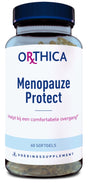 Das Bild zeigt eine Flasche mit Nahrungsergänzungsmitteln der Marke Orthica. Auf dem Etikett steht 'Menopauze Protect'. Die Flasche enthält 60 Softgels und ist als Unterstützung für eine komfortable Menopause gekennzeichnet. Die Etikettenfarben sind hauptsächlich weiß und blau. Die Flasche ist durchsichtig, sodass die Softgels sichtbar sind.