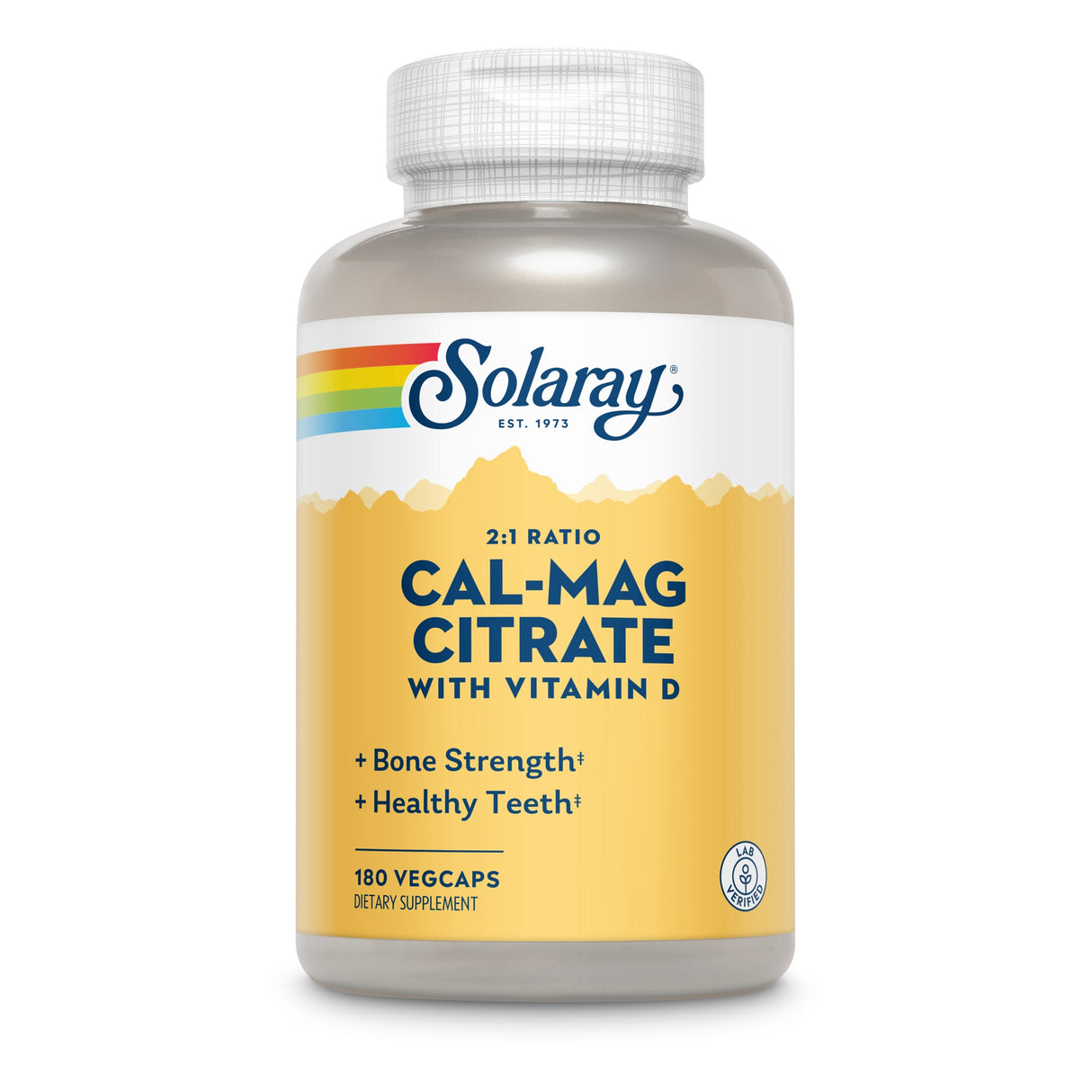 Eine Flasche mit Nahrungsergänzungsmitteln der Marke Solaray. Das Etikett zeigt 'Cal-Mag Citrate mit Vitamin D' in einem 2:1 Verhältnis. Verspricht Unterstützung für Knochenstärke und gesunde Zähne. Enthält 180 Vegcaps. Das Design ist in Gelb und Weiß gehalten.