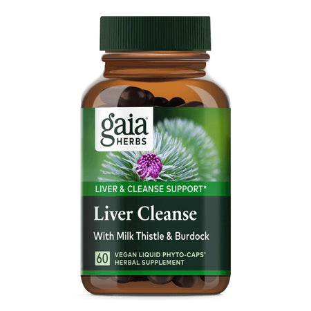 Ein Glasbehälter mit dunkelgrünem Deckel, darauf das Etikett von Gaia Herbs. Auf dem Etikett steht "Liver Cleanse" mit Mariendistel und Klette. Es handelt sich um ein veganes Nahrungsergänzungsmittel mit 60 Kapseln.