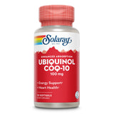 Eine Flasche des Nahrungsergänzungsmittels Solaray Ubiquinol CoQ-10 mit 100 mg, rot-weiße Verpackung, 30 Softgels, beworben für Energieunterstützung und Herzgesundheit.