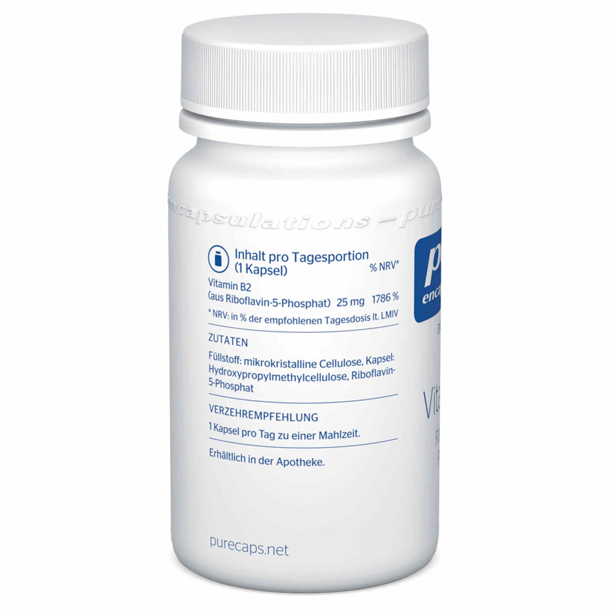 Eine weiße Plastikflasche mit einem Etikett, das Informationen über den Inhalt und die Zutaten zeigt. Auf dem Etikett steht "Inhalt pro Tagesportion (1 Kapsel) Vitamin B2 (aus Riboflavin-5-Phosphat) 25 mg 1786 % NRV". Es werden auch Füllstoffe und andere Zutaten aufgeführt, sowie die Verzehrempfehlung: "1 Kapsel pro Tag zu einer Mahlzeit". Die Flasche hat eine schlichte, funktionale Gestaltung und ist für den Verkauf in Apotheken vorgesehen.