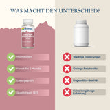 Das Bild zeigt einen Vergleich zwischen zwei Nahrungsergänzungsmitteln. Links ist eine Flasche von Solaray Calcium D-Glucarate mit Vorteilen wie hoher Dosierung, 2-Monats-Vorrat, Laborprüfung und Qualität seit 1973. Rechts ist eine generische Flasche ohne spezifische Vorteile, gekennzeichnet mit niedriger Dosierung, geringer Reichweite, ungeprüfter Qualität und keiner langjährigen Erfahrung. Oben steht der Text 'Was macht den Unterschied?'.