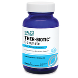 Das Bild zeigt eine blaue Plastikflasche mit einem weißen Etikett. Auf dem Etikett steht „SFI Health THER-BIOTIC Complete High Potency Probiotic“. Es gibt weitere Informationen über den Inhalt, wie „12 Probiotic Species“ und „100 Billion CFU“. Die Flasche hat einen weißen Schraubverschluss.
