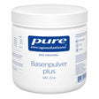 Ein weißer Behälter mit Schraubverschluss, auf dem Etikett steht "pure encapsulations Basenpulver plus mit Zink". Der Behälter enthält 200 Gramm. Auf dem Etikett sind Nährwertangaben und Symbole für Zink und vegan zu sehen.