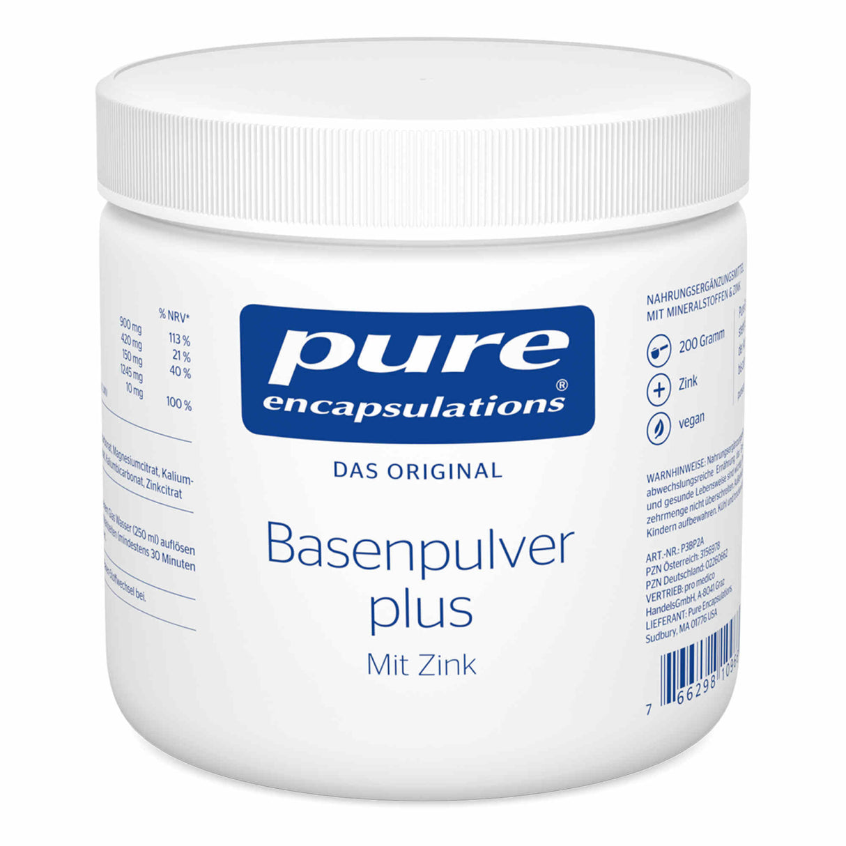Ein weißer Behälter mit Schraubverschluss, auf dem Etikett steht "pure encapsulations Basenpulver plus mit Zink". Der Behälter enthält 200 Gramm. Auf dem Etikett sind Nährwertangaben und Symbole für Zink und vegan zu sehen.