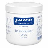 Ein weißer Behälter mit Schraubverschluss, auf dem Etikett steht "pure encapsulations Basenpulver plus mit Zink". Der Behälter enthält 200 Gramm. Auf dem Etikett sind Nährwertangaben und Symbole für Zink und vegan zu sehen.