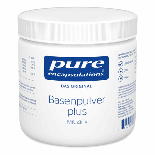 Ein weißer Behälter mit Schraubverschluss, auf dem Etikett steht "pure encapsulations Basenpulver plus mit Zink". Der Behälter enthält 200 Gramm. Auf dem Etikett sind Nährwertangaben und Symbole für Zink und vegan zu sehen.