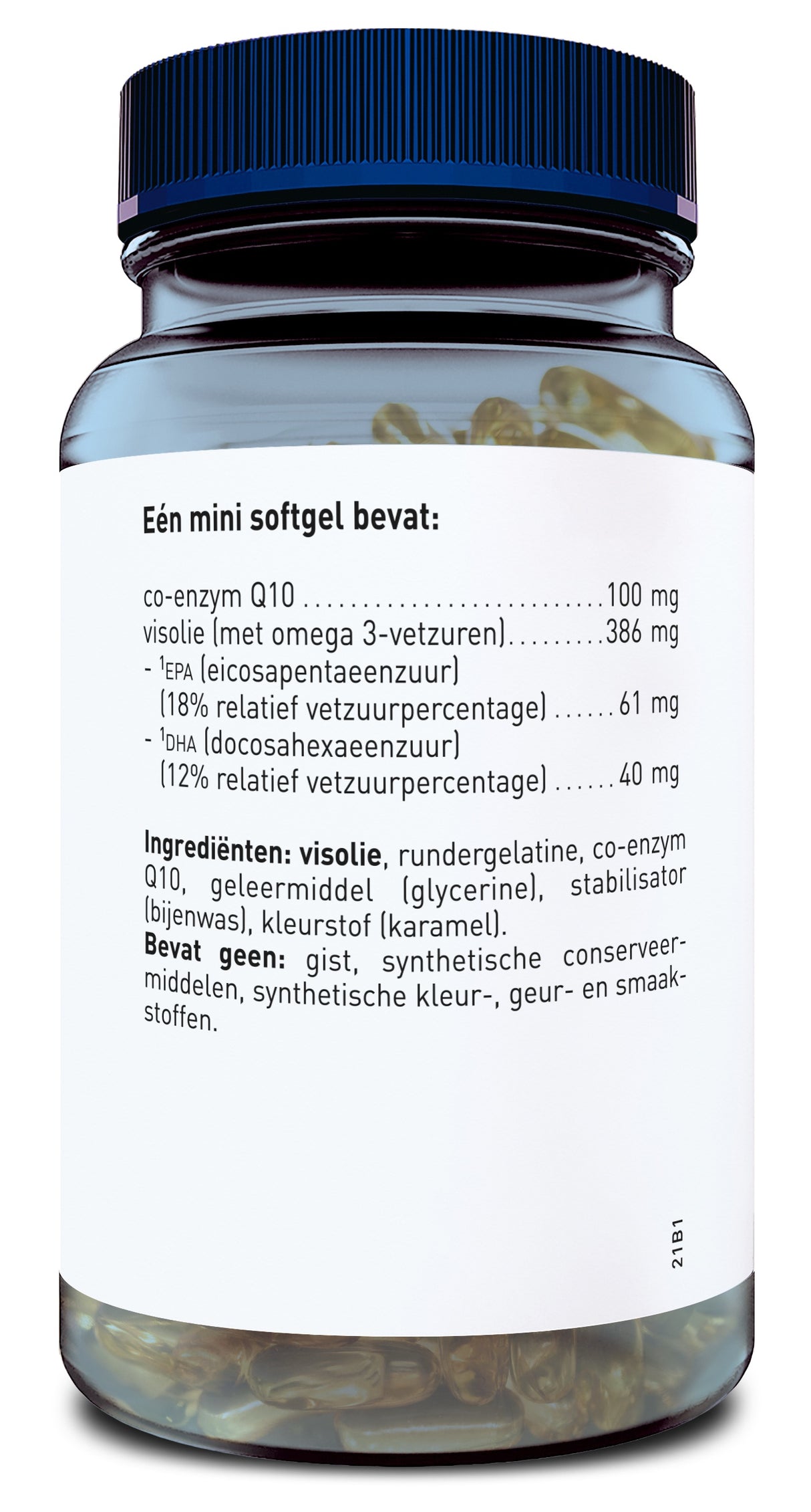 Ein Glasbehälter mit blauem Deckel, gefüllt mit Softgel-Kapseln. Auf dem Etikett steht die Inhaltsangabe: Co-Enzym Q10, Fischöl mit Omega-3-Fettsäuren, einschließlich EPA und DHA. Zutaten: Fischöl, Gelatine, Glycerin, Bienenwachs, Karamell.