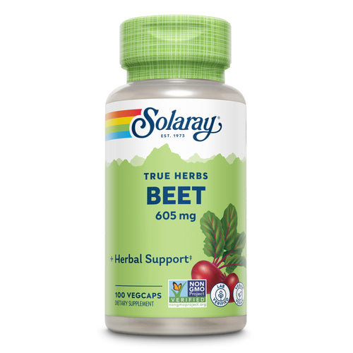 Grüne Flasche mit Solaray-Logo, "True Herbs Beet 605 mg" Text, 100 Vegcaps, Non-GMO, Lab Verified Siegel.