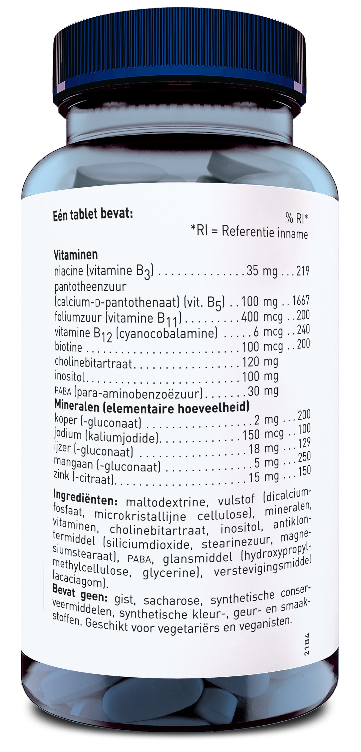 Eine blaue Flasche mit einem schwarzen Deckel, auf der ein Etikett mit Informationen zu den Inhaltsstoffen von Vitaminen und Mineralien auf Niederländisch gedruckt ist. Die Flasche enthält Tabletten. Die Hauptbestandteile sind Niacin, Pantothensäure, Folsäure, Vitamin B12, Biotin, Cholinbitartrat, Inositol, PABA, Kupfer, Jod, Eisen, Mangan und Zink. Das Etikett gibt auch an, dass das Produkt keine Hefe, Saccharose oder synthetische Konservierungsstoffe enthält und für Vegetarier und Veganer geeignet ist.