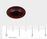 Das Bild zeigt eine dunkelrote, ovale Pille auf einem weißen Hintergrund. Unter der Pille ist ein Lineal zu sehen, das in Zentimetern skaliert ist. Die Pille ist etwa 1,5 Zentimeter lang. Das Lineal zeigt eine Skala von 0 bis 3 Zentimetern.