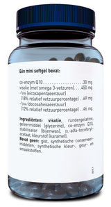 Ein Glasbehälter mit einem blauen Schraubverschluss, der Nahrungsergänzungsmittel in Form von Softgel-Kapseln enthält. Auf dem Etikett sind die Inhaltsstoffe Co-Enzym Q10, Fischöl mit Omega-3-Fettsäuren, EPA und DHA aufgeführt. Das Etikett ist in niederländischer Sprache beschriftet. Der Behälter ist teilweise gefüllt und transparent, sodass die Kapseln sichtbar sind.