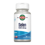 Eine weiße Plastikflasche mit blauem Etikett, die Selen 100 mcg Nahrungsergänzungsmittel von KAL enthält. Das Etikett zeigt das KAL-Logo, den Text 'Selen 100 mcg', 'hefefrei' und '100 Tabletten'.