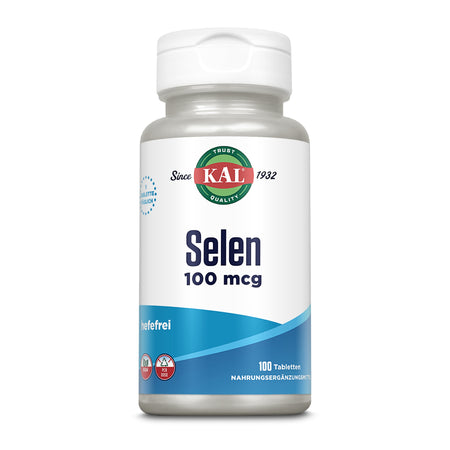 Eine weiße Plastikflasche mit blauem Etikett, die Selen 100 mcg Nahrungsergänzungsmittel von KAL enthält. Das Etikett zeigt das KAL-Logo, den Text 'Selen 100 mcg', 'hefefrei' und '100 Tabletten'.