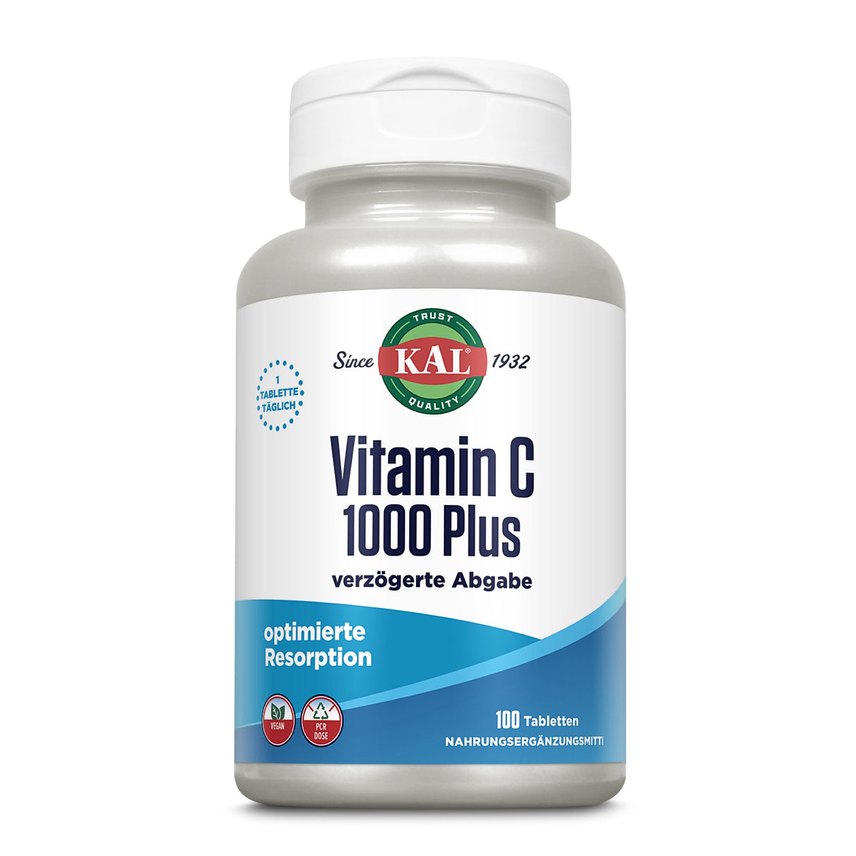Eine weiße Plastikflasche mit einem Etikett, das "KAL Vitamin C 1000 Plus verzögerte Abgabe" anzeigt. Das Etikett ist in Blau und Weiß gehalten. Auf der Flasche steht "optimierte Resorption" und "100 Tabletten". Die Marke "KAL" ist oben auf dem Etikett zu sehen.