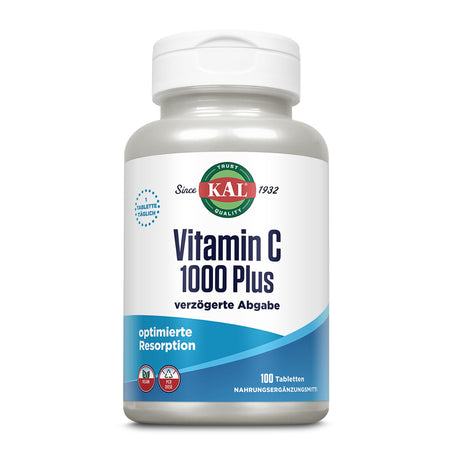 Eine weiße Plastikflasche mit einem Etikett, das "KAL Vitamin C 1000 Plus verzögerte Abgabe" anzeigt. Das Etikett ist in Blau und Weiß gehalten. Auf der Flasche steht "optimierte Resorption" und "100 Tabletten". Die Marke "KAL" ist oben auf dem Etikett zu sehen.