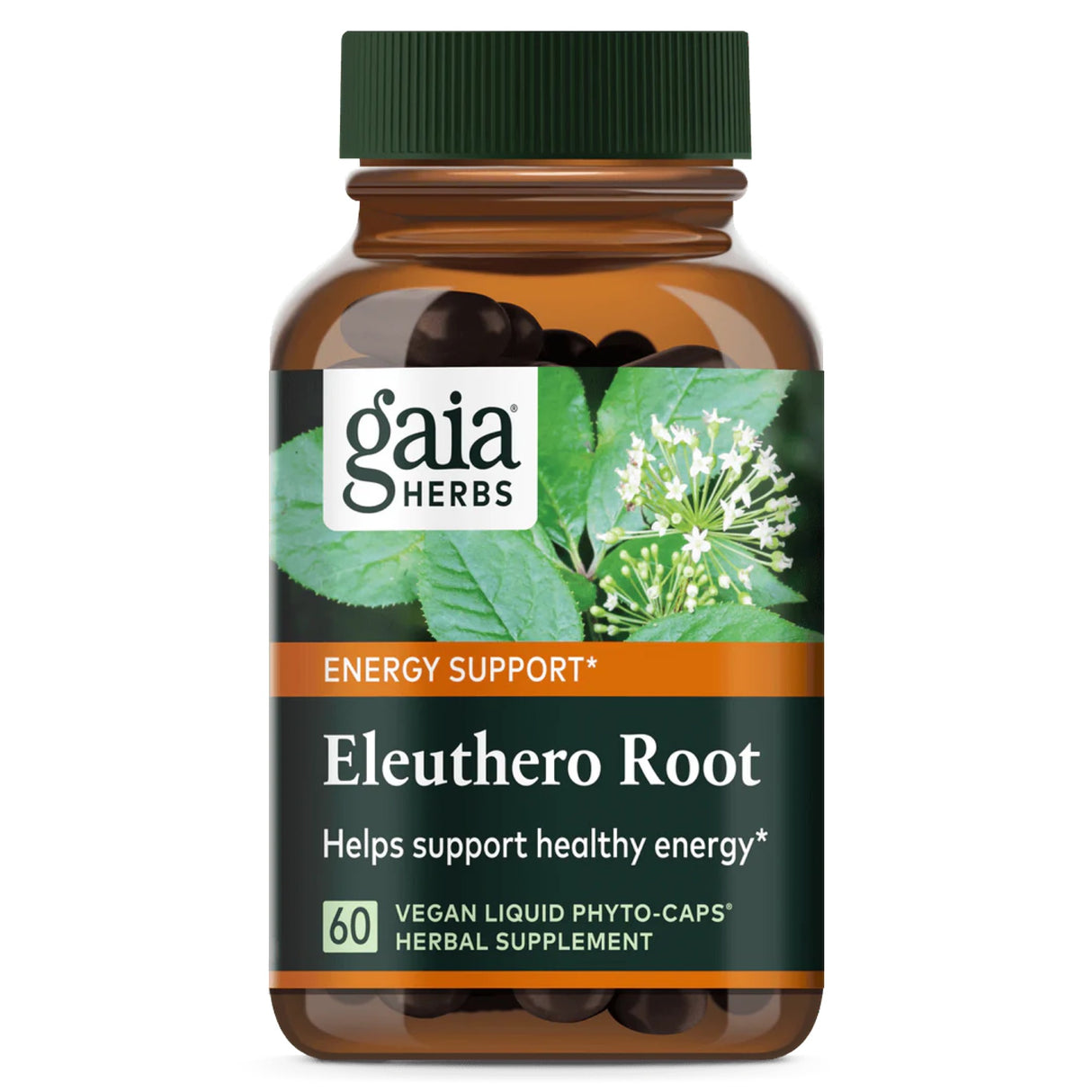 Die Abbildung zeigt eine braune Plastikflasche mit einem grünen Deckel. Auf dem Etikett steht 'gaia HERBS' und 'Eleuthero Root'. Darunter ist ein Bild von grünen Blättern und weißen Blüten zu sehen. Die Flasche enthält 60 vegane Flüssigkapseln für Energieunterstützung.