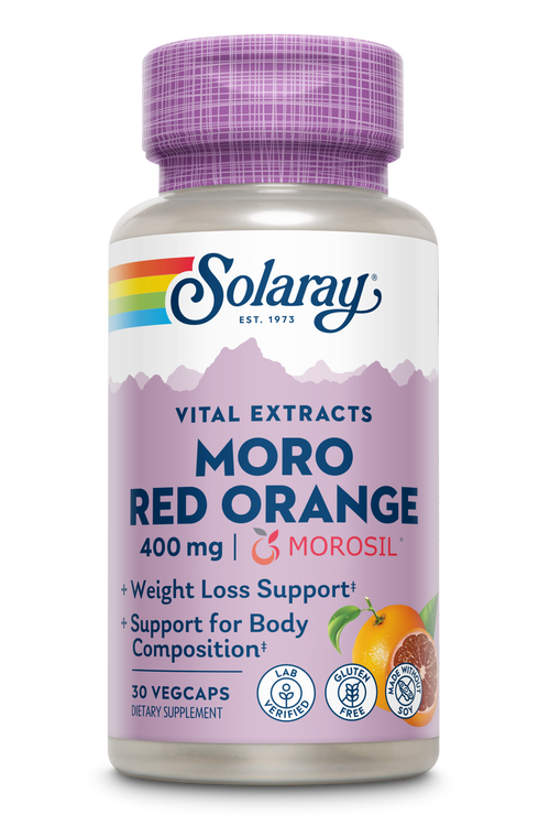 Das Bild zeigt eine Flasche des Nahrungsergänzungsmittels 'Solaray Vital Extracts Moro Red Orange'. Die Flasche hat einen violetten Deckel und ein Etikett mit Regenbogenstreifen, das den Produktnamen und die Inhaltsstoffe wie 400 mg Morosil angibt. Es wird als Unterstützung für Gewichtsverlust und Körperzusammensetzung beworben, ist glutenfrei und laborgeprüft. Enthält 30 vegane Kapseln.