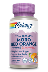 Das Bild zeigt eine Flasche des Nahrungsergänzungsmittels 'Solaray Vital Extracts Moro Red Orange'. Die Flasche hat einen violetten Deckel und ein Etikett mit Regenbogenstreifen, das den Produktnamen und die Inhaltsstoffe wie 400 mg Morosil angibt. Es wird als Unterstützung für Gewichtsverlust und Körperzusammensetzung beworben, ist glutenfrei und laborgeprüft. Enthält 30 vegane Kapseln.