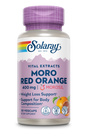 Das Bild zeigt eine Flasche des Nahrungsergänzungsmittels 'Solaray Vital Extracts Moro Red Orange'. Die Flasche hat einen violetten Deckel und ein Etikett mit Regenbogenstreifen, das den Produktnamen und die Inhaltsstoffe wie 400 mg Morosil angibt. Es wird als Unterstützung für Gewichtsverlust und Körperzusammensetzung beworben, ist glutenfrei und laborgeprüft. Enthält 30 vegane Kapseln.