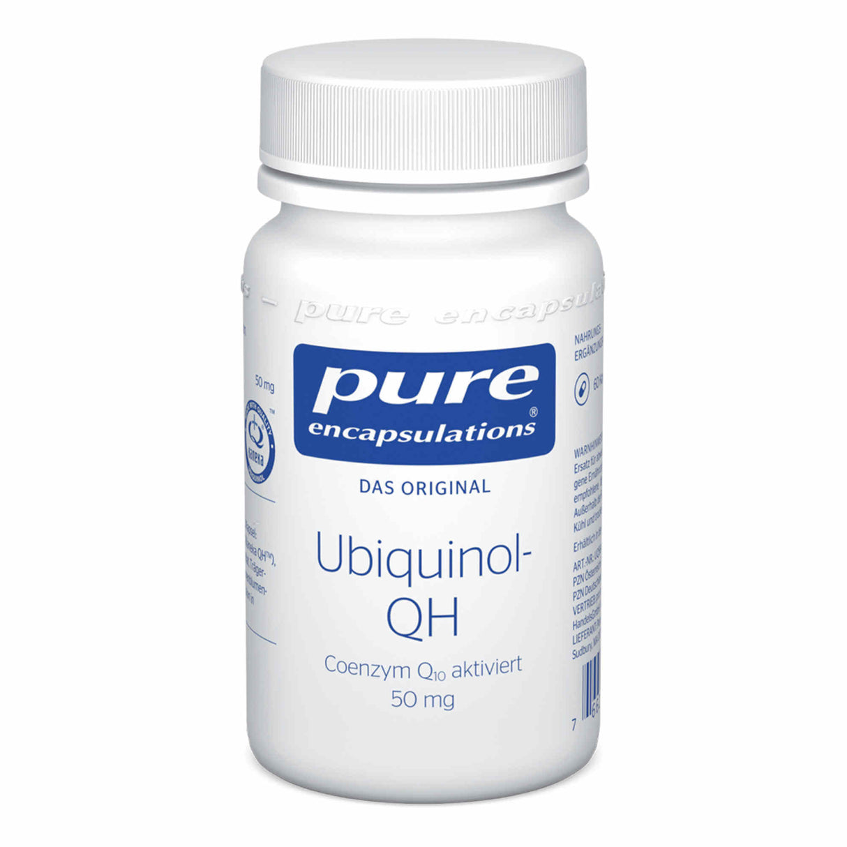 Das Bild zeigt eine weiße Plastikflasche mit blauem Etikett der Marke "pure encapsulations". Auf dem Etikett steht "Ubiquinol-QH Coenzym Q10 aktiviert 50 mg". Die Flasche hat einen weißen Schraubverschluss und enthält Nahrungsergänzungsmittel.