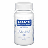 Das Bild zeigt eine weiße Plastikflasche mit blauem Etikett der Marke "pure encapsulations". Auf dem Etikett steht "Ubiquinol-QH Coenzym Q10 aktiviert 50 mg". Die Flasche hat einen weißen Schraubverschluss und enthält Nahrungsergänzungsmittel.