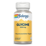 Flasche Solaray Glycine 1000 mg, 60 Vegcaps, Nahrungsergänzungsmittel, gelbes Etikett mit Regenbogen und Bergmotiv.