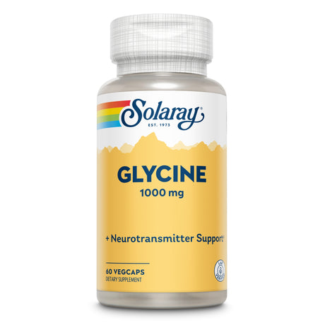 Flasche Solaray Glycine 1000 mg, 60 Vegcaps, Nahrungsergänzungsmittel, gelbes Etikett mit Regenbogen und Bergmotiv.