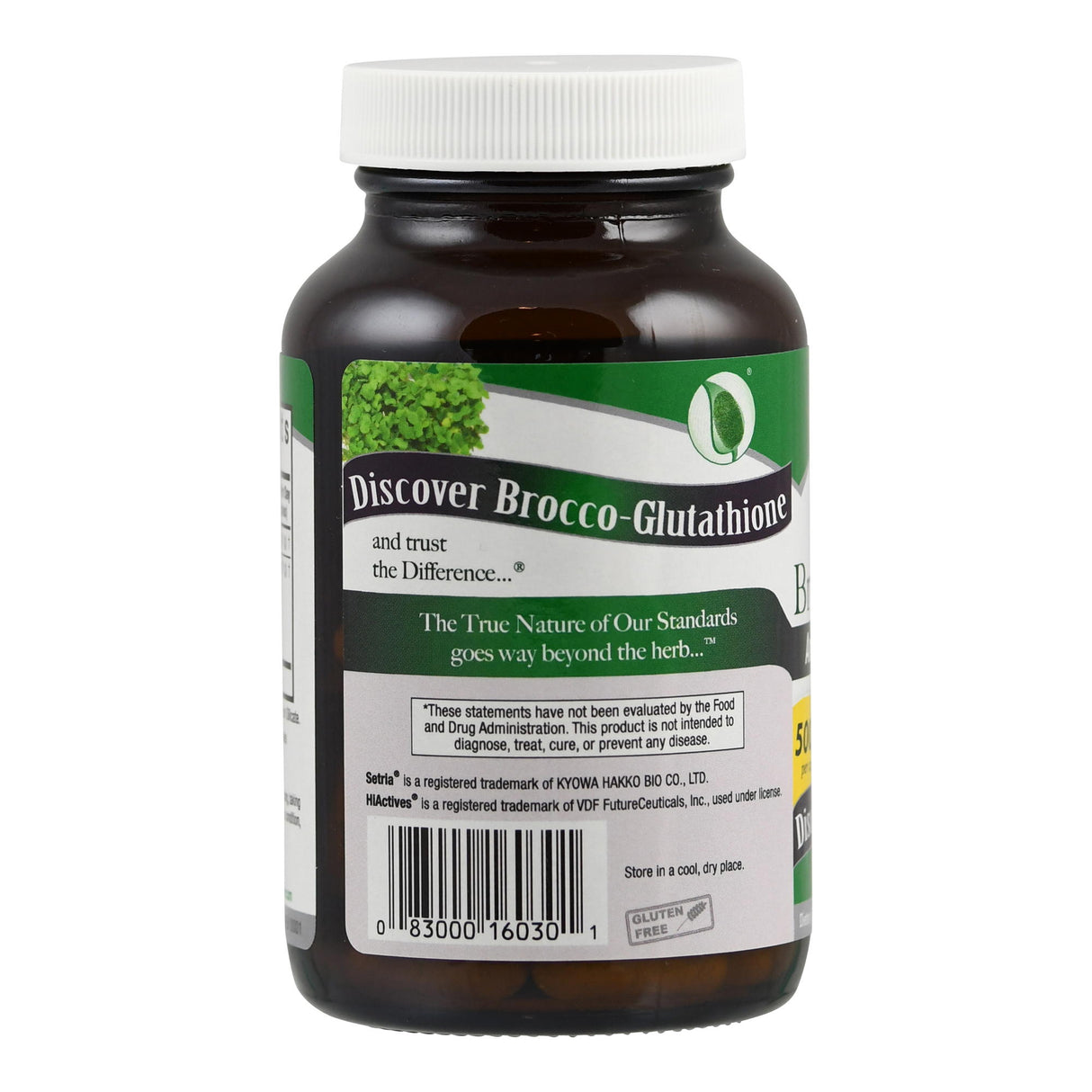 Ein braunes Glasgefäß mit weißem Schraubdeckel. Auf dem Etikett steht 'Discover Brocco-Glutathione'. Weitere Informationen und ein Barcode sind sichtbar. Das Produkt ist glutenfrei und soll in einem kühlen, trockenen Ort aufbewahrt werden.