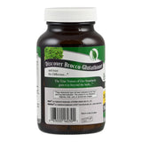 Ein braunes Glasgefäß mit weißem Schraubdeckel. Auf dem Etikett steht 'Discover Brocco-Glutathione'. Weitere Informationen und ein Barcode sind sichtbar. Das Produkt ist glutenfrei und soll in einem kühlen, trockenen Ort aufbewahrt werden.