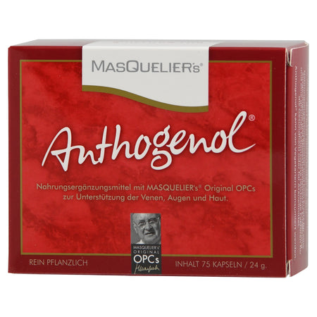 Rote Verpackung von Anthogenol, einem pflanzlichen Nahrungsergänzungsmittel mit MASQUELIER's Original OPCs, zur Unterstützung von Venen, Augen und Haut.