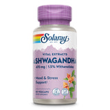 Eine Flasche Solaray Ashwagandha Nahrungsergänzungsmittel mit 470 mg und 1,5 % Withanoliden. Die Flasche ist lila mit einem Blumenmotiv und der Aufschrift 'Mood & Stress Support'. Sie enthält 60 vegane Kapseln und ist laborgeprüft.