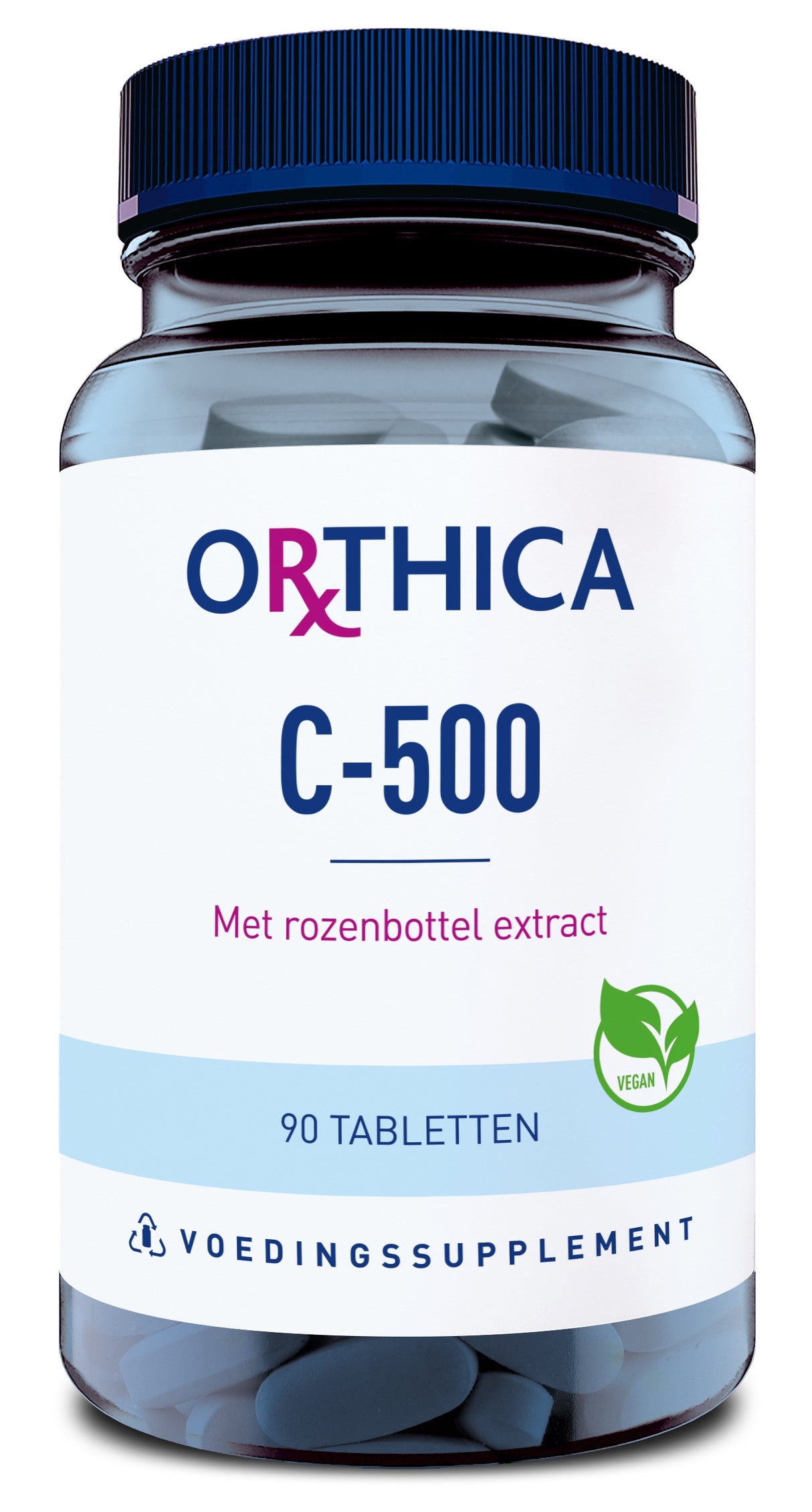 Eine Flasche mit Nahrungsergänzungsmitteln der Marke Orthica, gekennzeichnet mit C-500 und dem Hinweis auf Hagebuttenextrakt. Die Flasche enthält 90 Tabletten und ist vegan. Auf der Flasche sind ein Recycling-Symbol und ein grünes Blatt-Logo zu sehen.