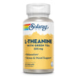 Das Bild zeigt eine Flasche des Nahrungsergänzungsmittels Solaray L-Theanine mit grünem Tee, 200 mg, 45 VegCaps. Die Flasche ist gelb und weiß mit einem Regenbogenstreifen und enthält Informationen über Entspannung und Unterstützung von Stress und Stimmung.