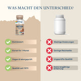 Das Bild zeigt einen Vergleich zwischen zwei Nahrungsergänzungsmitteln. Links ist eine Flasche von Solaray Shiitake Fermented 1000 mg mit dem Hinweis auf hohe Dosierung, Vorrat für 1 Monat, vegan & laborgeprüft, Qualität seit 1973. Rechts ist eine generische, weiße Flasche mit den Nachteilen niedrige Dosierungen, geringe Reichweite, ungeprüfte Qualität, keine langjährige Erfahrung.