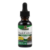 Eine kleine, braune Flasche mit Pipettenverschluss. Das Etikett zeigt die Aufschrift 'Nature's Answer Black Cohosh Menopause Support'. Die Flasche enthält 950 mg Black Cohosh Root und ist gluten- und alkoholfrei.