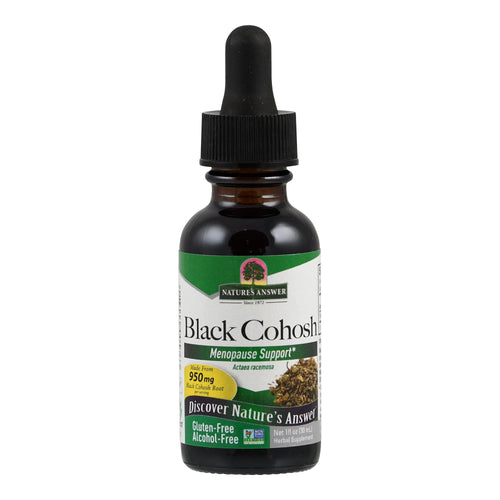 Eine kleine, braune Flasche mit Pipettenverschluss. Das Etikett zeigt die Aufschrift 'Nature's Answer Black Cohosh Menopause Support'. Die Flasche enthält 950 mg Black Cohosh Root und ist gluten- und alkoholfrei.