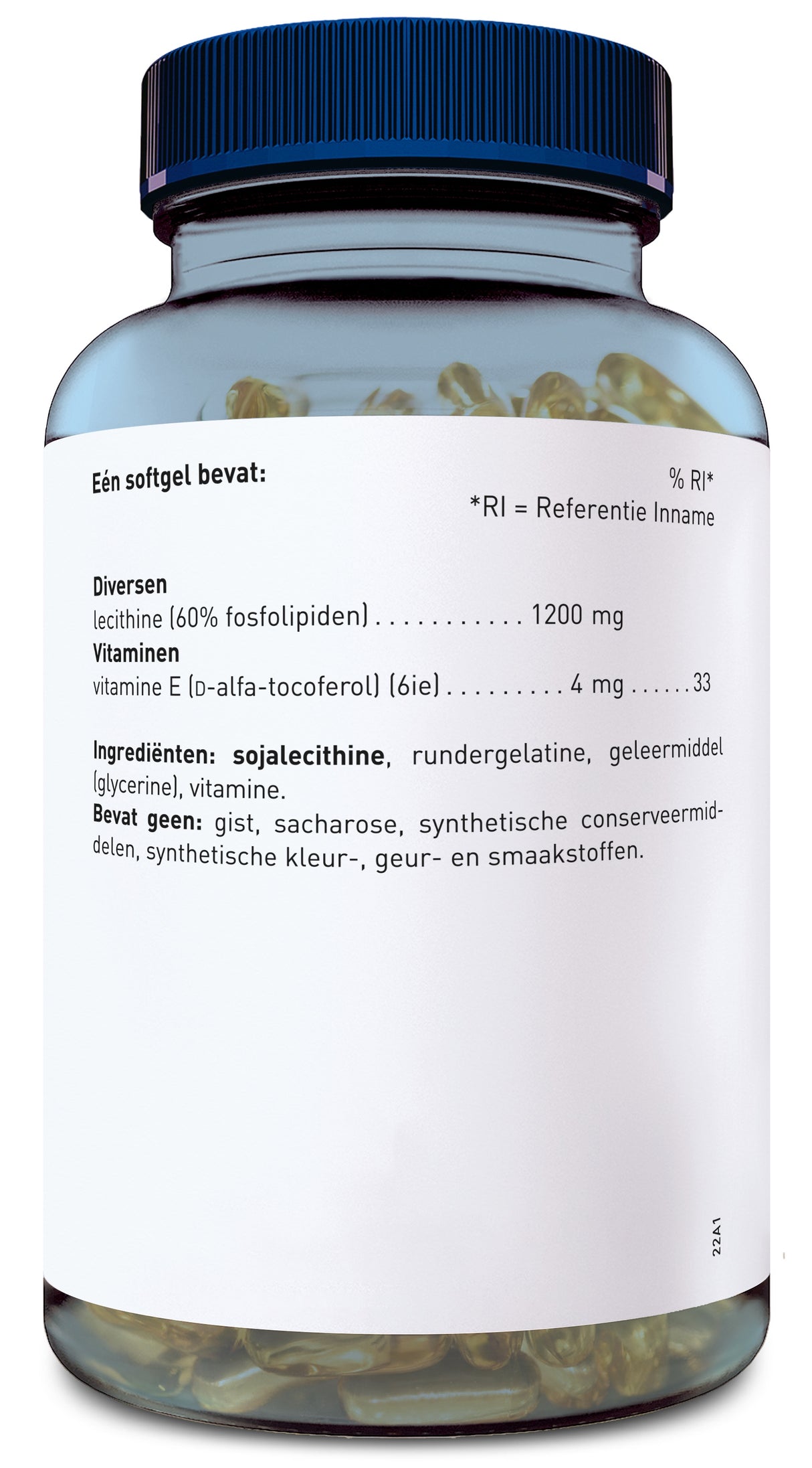 Eine blaue Flasche mit transparentem Körper, gefüllt mit goldenen Kapseln. Auf dem weißen Etikett stehen Informationen zu Inhaltsstoffen und Nährwerten in niederländischer Sprache. Der Deckel ist dunkelblau und geriffelt.