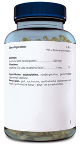 Eine blaue Flasche mit transparentem Körper, gefüllt mit goldenen Kapseln. Auf dem weißen Etikett stehen Informationen zu Inhaltsstoffen und Nährwerten in niederländischer Sprache. Der Deckel ist dunkelblau und geriffelt.