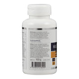 Weiße Flasche mit Etikett von Nahrungsergänzungsmitteln, Text über Inhaltsstoffe und Verzehrempfehlung, 100g Inhalt.