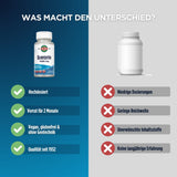 Das Bild zeigt einen Vergleich zwischen zwei Nahrungsergänzungsmittel-Flaschen. Links ist eine Flasche "Quercetin 1000 mg" von KAL zu sehen, die als hochdosiert, mit einem Vorrat für 2 Monate, vegan, glutenfrei und ohne Gentechnik beschrieben wird. Rechts ist eine generische, nicht beschriftete Flasche, die mit niedrigen Dosierungen, geringer Reichweite, unerwünschten Inhaltsstoffen und fehlender langjähriger Erfahrung assoziiert wird. Der Hintergrund ist zweigeteilt: links blau, rechts grau. Oben steht der