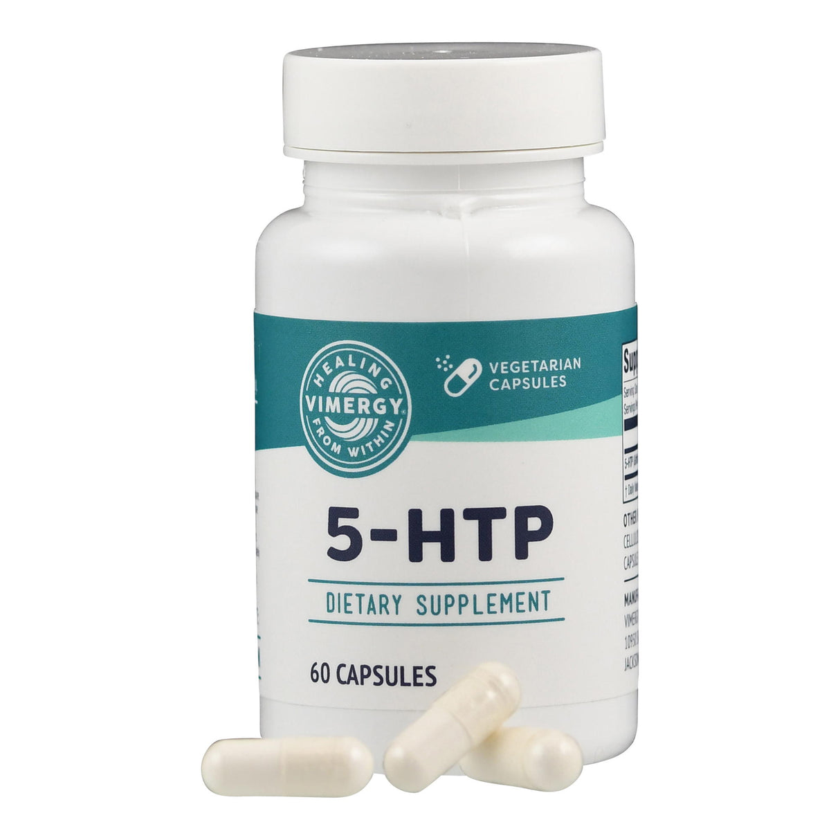 Ein weißes Fläschchen mit der Aufschrift "5-HTP Dietary Supplement" steht aufrecht. Es enthält 60 vegetarische Kapseln. Drei Kapseln liegen davor.