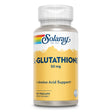 Eine Flasche mit Nahrungsergänzungsmitteln der Marke Solaray. Das Etikett ist gelb mit blauer Schrift und zeigt den Text 'L-Glutathione 50 mg + Amino Acid Support'. Es enthält 60 Vegcaps.