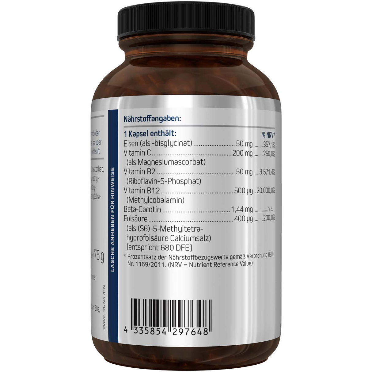 Das Bild zeigt eine weiße Plastikflasche mit dem Etikett 'FERRO FEM' von American Biologics. Die Flasche enthält 90 Kapseln eines Nahrungsergänzungsmittels mit Eisen, Vitamin C und B-Vitaminen. Auf dem Etikett sind die Begriffe 'VEGAN' und 'NON GMO' zu sehen. Vor der Flasche liegen zwei gelbe Kapseln.